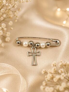 Silver Safety Pin Brooch with Cross and Pearls